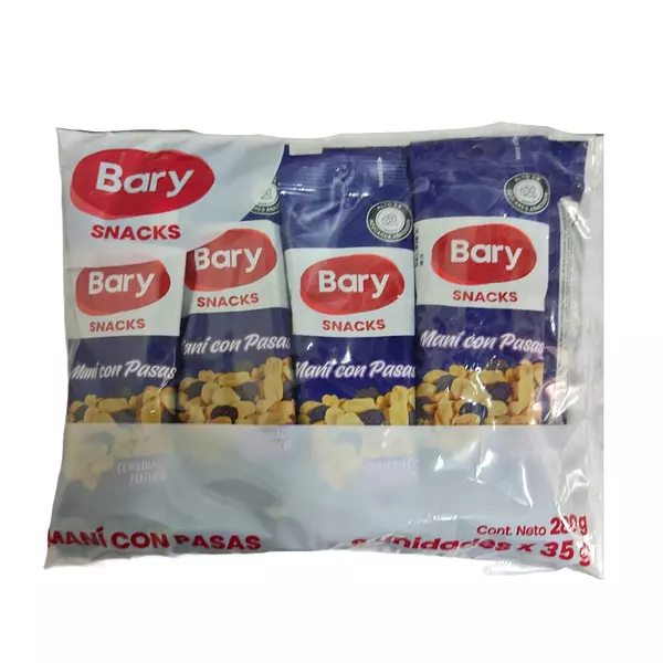 Mani Con Pasas Bary Bolsa De 8 Unidades X35g